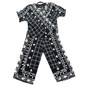 Vintage Choon California Black White Mudcloth Pant Set 2pc Rayon Size 10 M L